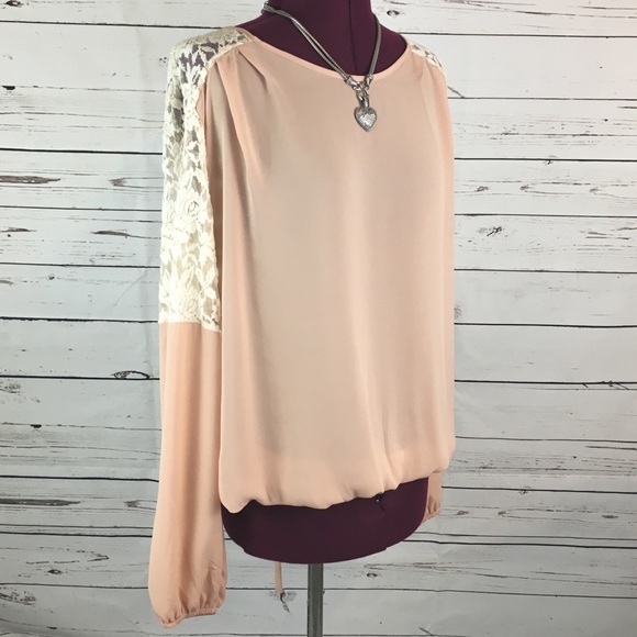 Cream Lace and Tan Blush Split Back Blouse - Picture 1 of 8